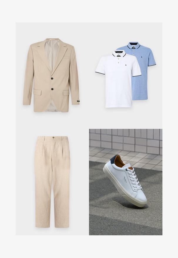 Beige blazer med en lukning af to knapper, klippet lapel, forlommer og en enkelt brystlomme. Glat stof med en skræddersyet pasform.; To polo shirts: en hvid med sorte accenter og en lys blå meleret. Hver har en krave og en to-knaps placket med logo.; Beige linnedragter med folder, elastisk talje og en enkelt knaplukning. Lige pasform med en tekstureret overflade.; Hvide lædersneakers med en marineblå hæl, rund tå og kontrasterende brune detaljer. Har flade snørebånd og en tekstureret gummisål.