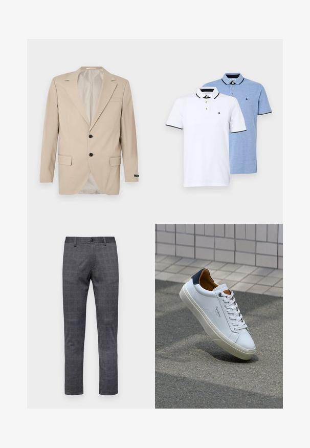 Beżowa marynarka z zapięciem na dwa guziki, wykrojonymi klapami, przednimi kieszeniami oraz pojedynczą kieszenią na piersi. Gładki materiał o dopasowanym kroju.; Dwie koszulki polo: jedna biała z czarnymi akcentami, druga w jasnoniebieskim melanżu. Każda z nich ma kołnierzyk oraz zapięcie na dwa guziki z logo.; Szare kratkowane spodnie o slim fit, z zapięciem na guzik, szlufkami na pasek i strukturalną tkaniną.; Białe skórzane trampki z granatowym piętkiem, okrągłym noskiem i kontrastowymi brązowymi akcentami. Posiadają płaskie sznurówki i teksturowaną gumową podeszwę.