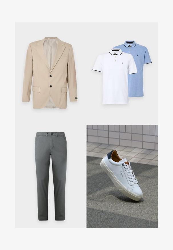 Bež blazer s dvonamenskim zapiranjem, s položenimi klapnicami, sprednjimi žepi in enim žepom na prsih. Gladka tkanina z oblikovanim krojem.; Dve polo majice: ena bela z črnimi detajli, druga svetlo modra melirana. Vsaka ima ovratnik in dva gumba na zadrgi s logotipom.; Sive bombažne chinos hlače z ožjim krojem, ki imajo sprednje gumbe, dva stranska žepa in gladko teksturo. Elegantna zasnova.; Beli usnjeni čevelj s plavo peto, okrogelimi prsti in kontrastnimi rjavimi detajli. Ima ravne vezalke in teksturiran gumijast podplat.