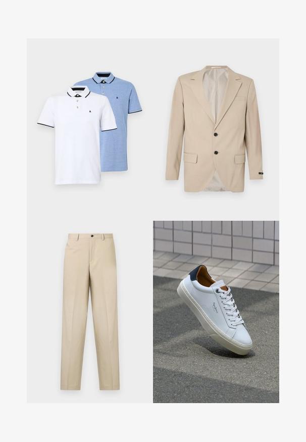 Bežinė blazer'io striukė su dviem mygtukais, iškirptais atlapais, priekinėmis kišenėmis ir viena krūtinės kišene. Glotnus audinys su pritaikytu siluetu.; Du dušo marškiniai: vieni balti su juodomis detalėmis, kiti šviesiai mėlyni. Kiekvieni turi apykaklę ir dviejų mygtukų pastatą su logotipu.; Šviesiai rudos spalvos, pagamintos iš lengvos medžiagos kelnės su tiesiomis kojomis, vienu priekinio raukšlės dizainu ir mygtukiniu užsegimu juosmens srityje.; Balti odiniai sportbačiai su mėlynu kulnu, apvalia nosimi ir kontrastingais rudais akcentais. Aptakios raišteliai ir tekstūruota guma.