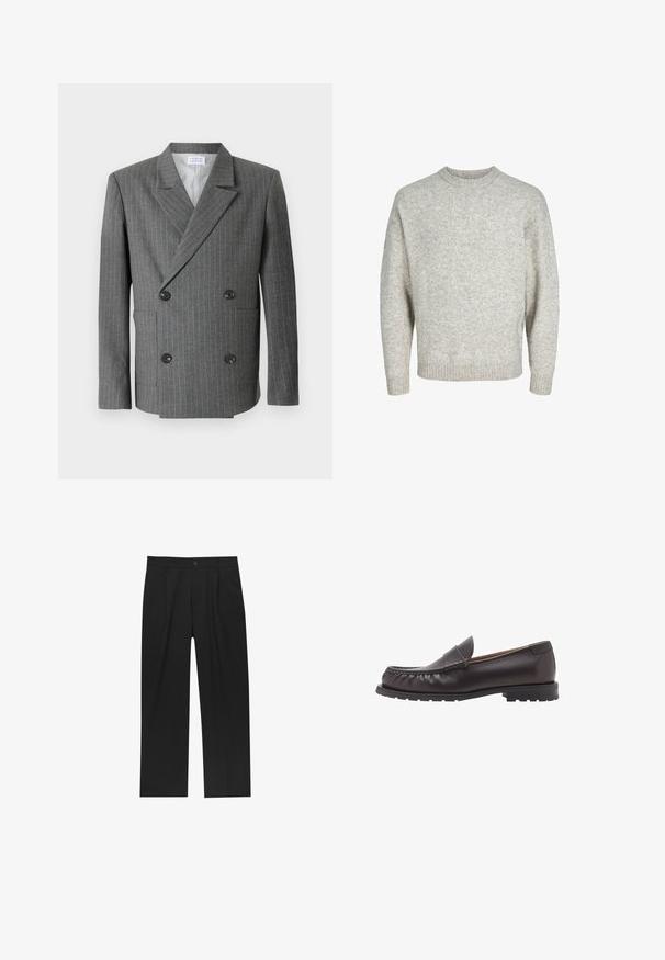 Libertine-Libertine PUBLIC - Blazer - dark grey; Lichtgrijze gebreide trui met een ronde halslijn, verlengde schouders en geribde mouwen, met een gestructureerd, licht pluizig oppervlak.; Witte lange mouwen shirt gemaakt van gladde stof met een knoopsluiting aan de voorkant. Bevat een klassieke kraag en messingkleurige knopen langs de knoopsluiting.; Zwarte broeken met een recht model, gemaakt van een gladde stof. Voorzien van een voorplooien en een enkele knoopsluiting bij de taille.; Bruine leren instappers met een ronde neus, gestikte details en een lage rubberen zool. Gladde afwerking met een subtiele glans.