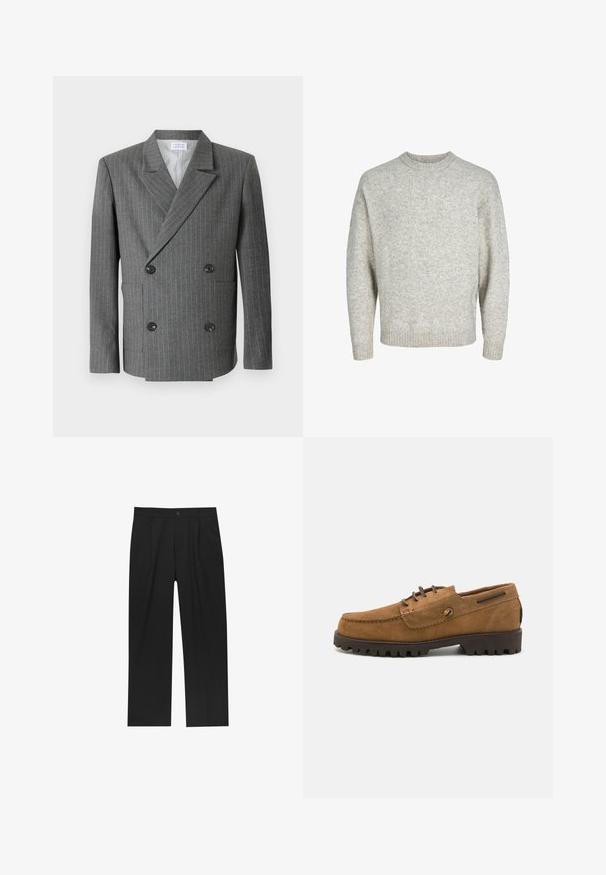 Libertine-Libertine PUBLIC - Blazer - dark grey; Lichtgrijze gebreide trui met een ronde halslijn, verlengde schouders en geribde mouwen, met een gestructureerd, licht pluizig oppervlak.; Witte lange mouwen shirt gemaakt van gladde stof met een knoopsluiting aan de voorkant. Bevat een klassieke kraag en messingkleurige knopen langs de knoopsluiting.; Zwarte broeken met een recht model, gemaakt van een gladde stof. Voorzien van een voorplooien en een enkele knoopsluiting bij de taille.; Bruine suède schoenen met een ronde neus, contrasterende geborduurde accenten en een rubberen zool met textuur die diepe profielen heeft voor grip.