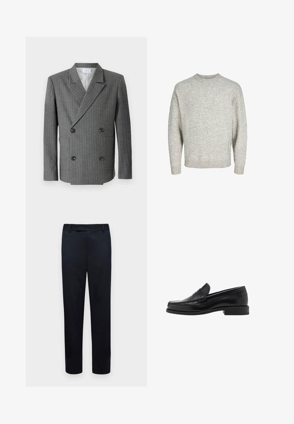 Libertine-Libertine PUBLIC - Blazer - dark grey; Lichtgrijze gebreide trui met een ronde halslijn, verlengde schouders en geribde mouwen, met een gestructureerd, licht pluizig oppervlak.; Witte lange mouwen shirt gemaakt van gladde stof met een knoopsluiting aan de voorkant. Bevat een klassieke kraag en messingkleurige knopen langs de knoopsluiting.; Zwarte broek met een slim fit. Heeft een gladde textuur, riemlussen en openingen voor voorzakken. Recht model.; Zwarte leren instappers met een gladde afwerking, gestikte details op de neus en een lage hakontwerp voor comfort en stijl.
