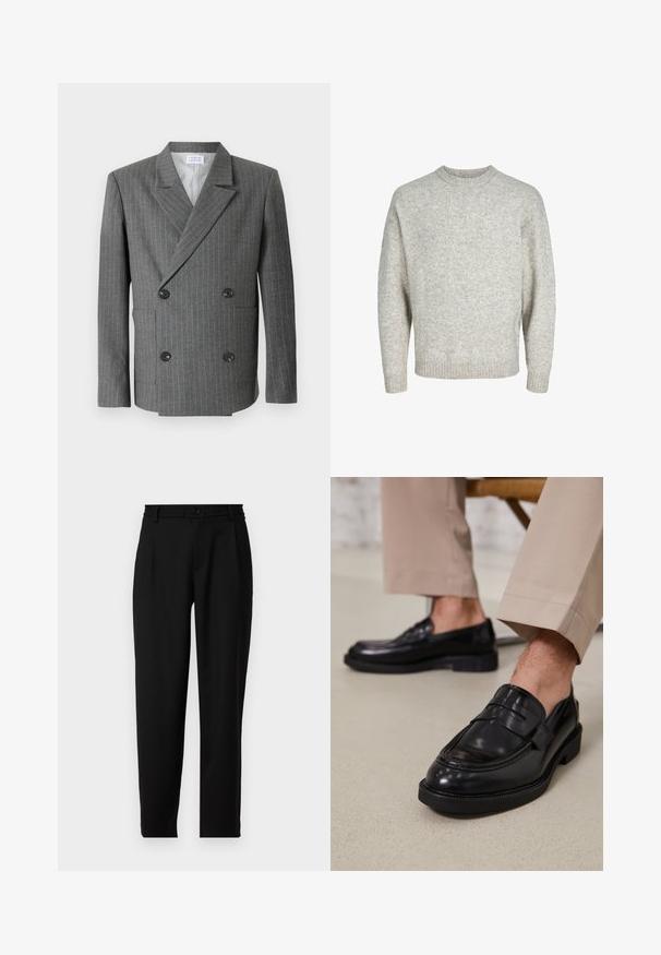 Libertine-Libertine PUBLIC - Sako - dark grey; Světlé šedé pletené svetr s kulatým výstřihem, spadlými rameny a žebrovanými manžetami, s texturovaným, mírně chlupatým povrchem.; Bílá košile s dlouhými rukávy vyrobená z hladkého materiálu s knoflíkovou přední částí. Má klasický límec a mosazné knoflíky podél légy.; Černé kalhoty rovného střihu s pasem se zadním pružným prvkem a zapínáním na knoflík vpředu. Vyrobeny z hladké tkaniny.; Černé kožené loafers s hladkým povrchem, zdobené páskem a kontrastním prošíváním, spárované s béžovými kalhotami.