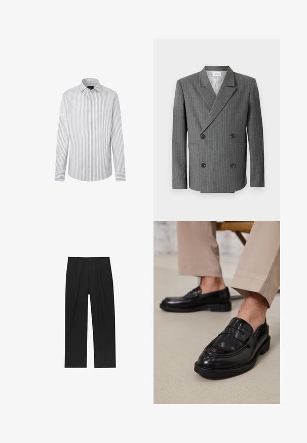 Libertine-Libertine PUBLIC - Blazer - dark grey; Lichtgrijze gebreide trui met een ronde halslijn, verlengde schouders en geribde mouwen, met een gestructureerd, licht pluizig oppervlak.; Gestreepte button-up shirt in lichtgrijs en wit, met een klassieke kraag, lange mouwen en manchetdetails met bijpassende strepen.; Zwarte broeken met een recht model, gemaakt van een gladde stof. Voorzien van een voorplooien en een enkele knoopsluiting bij de taille.; Zwarte leren loafers met een gladde afwerking, voorzien van een decoratieve band en contrasterende stiksels, gecombineerd met beige broeken.