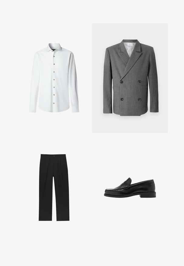 Libertine-Libertine PUBLIC - Sakko - dark grey; Hellgrauer gestrickter Pullover mit Rundhalsausschnitt, überschnittenen Schultern und gerippten Bündchen, der eine strukturierte, leicht flauschige Oberfläche aufweist.; Weißes Langarmhemd aus glattem Stoff mit durchgehender Knopfleiste. Verfügt über einen klassischen Kragen und messingfarbene Knöpfe entlang der Knopfleiste.; Schwarze Hose mit geradem Schnitt, aus einem glatten Stoff gefertigt. Verfügt über Vorderfalten und einen einzelnen Knopfverschluss an der Taille.; Schwarze Lederloafer mit glatter Oberfläche, genähten Details an der Zehe und einem flachen Absatzdesign für Komfort und Stil.