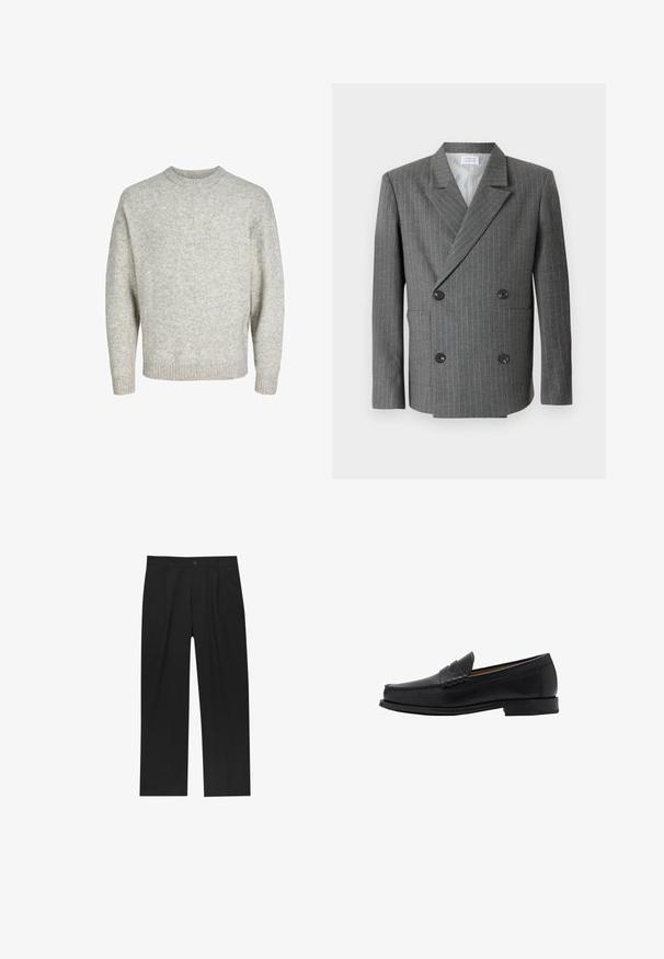 Libertine-Libertine PUBLIC - Blazer - dark grey; Lichtgrijze gebreide trui met een ronde halslijn, verlengde schouders en geribde mouwen, met een gestructureerd, licht pluizig oppervlak.; Witte lange mouwen shirt gemaakt van gladde stof met een knoopsluiting aan de voorkant. Bevat een klassieke kraag en messingkleurige knopen langs de knoopsluiting.; Zwarte broeken met een recht model, gemaakt van een gladde stof. Voorzien van een voorplooien en een enkele knoopsluiting bij de taille.; Mango Zakelijke loafers - black