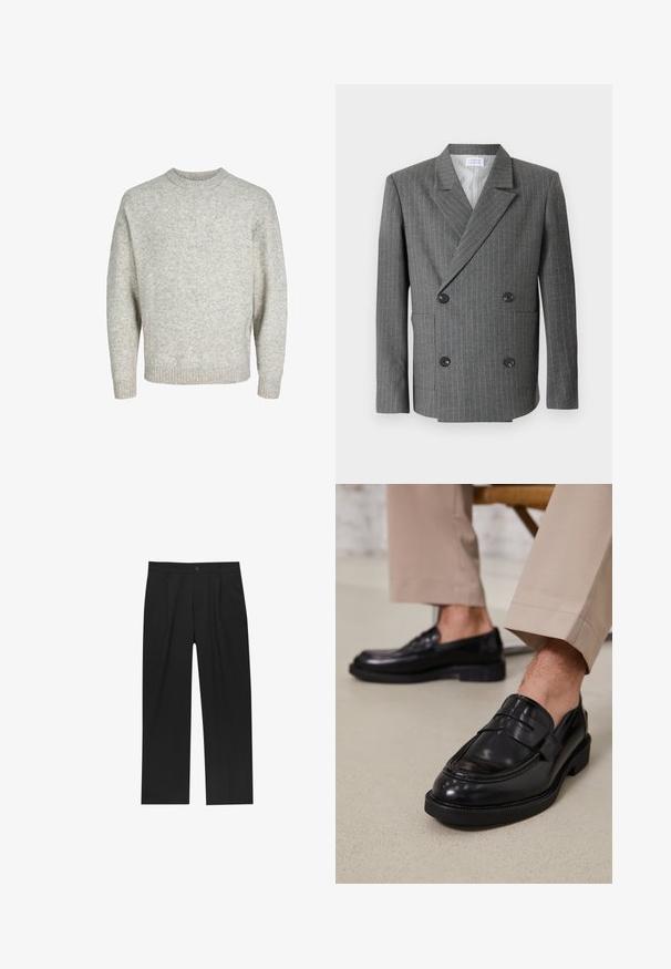 Libertine-Libertine PUBLIC - Sakko - dark grey; Hellgrauer gestrickter Pullover mit Rundhalsausschnitt, überschnittenen Schultern und gerippten Bündchen, der eine strukturierte, leicht flauschige Oberfläche aufweist.; Weißes Langarmhemd aus glattem Stoff mit durchgehender Knopfleiste. Verfügt über einen klassischen Kragen und messingfarbene Knöpfe entlang der Knopfleiste.; Schwarze Hose mit geradem Schnitt, aus einem glatten Stoff gefertigt. Verfügt über Vorderfalten und einen einzelnen Knopfverschluss an der Taille.; Schwarze Lederloafers mit glatter Oberfläche, ausgestattet mit einem dekorativen Riemen und Kontrastnähten, kombiniert mit beigen Hosen.