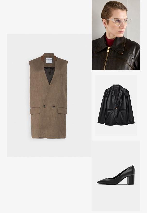 Mustapitsin takki, jossa on viiksikäänteet, yksittäinen kultaknoppi, kaksi etutaskua ja sileä pinta. Sisävuori on tumman värinen.; Ruskea hihaton liivi, jossa on kaksirivinen muotoilu, taitetut kaulukset, sivutaskut ja vuorattu sisäosa. Raskaskuituinen kangas, jossa on hienovaraiset raidoitukset.; Musta nahkakengät, joissa on teräväkärkinen muoto ja paksu neliöklippu. Sujuva pinta, yksinkertainen muotoilu, sopii virallisiin tilaisuuksiin.; Kirkas asetaldeytti kissamaiset lasit keltaisilla sävyillä, joita käyttää henkilö tummassa nahkatakissa ja punaisessa poolopaidassa. Sileä rakenne.