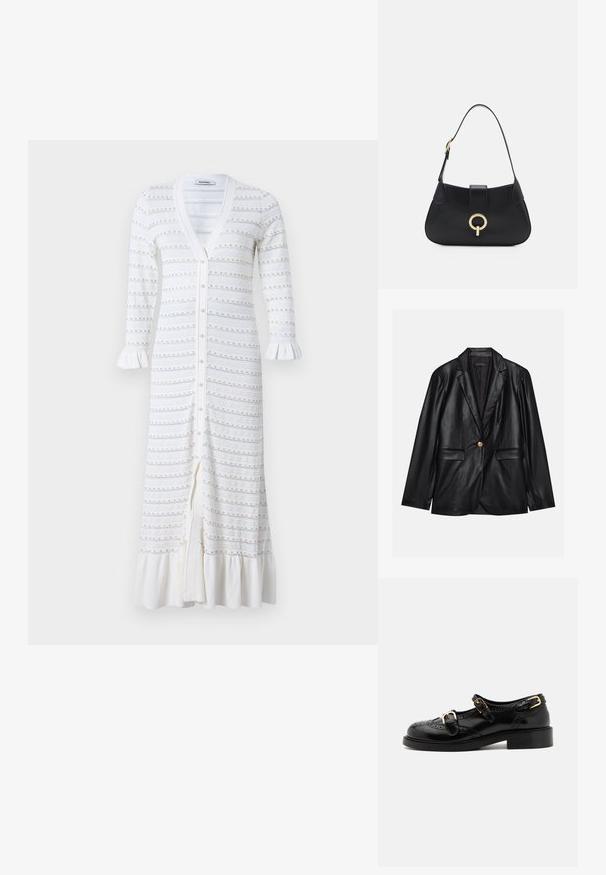 Zwarte leren blazer met een opstaande revers, sluiting met één gouden knoop, twee voorzakken en een gladde afwerking. Binnenvoering is donker.; sandro ROBE MIDI ENCOLURE FRILL - Jurk - ecru; Zwarte leren schoenen met brogue-details, voorzien van twee gespsluitingen, een ronde neus en een lage hak. Glad oppervlak met een glanzende afwerking.; Zwarte leren handtas met een gebogen silhoutte, korte schouderband, centrale goudkleurige hardware en een gladde textuur. Geen zichtbare patronen of accenten.