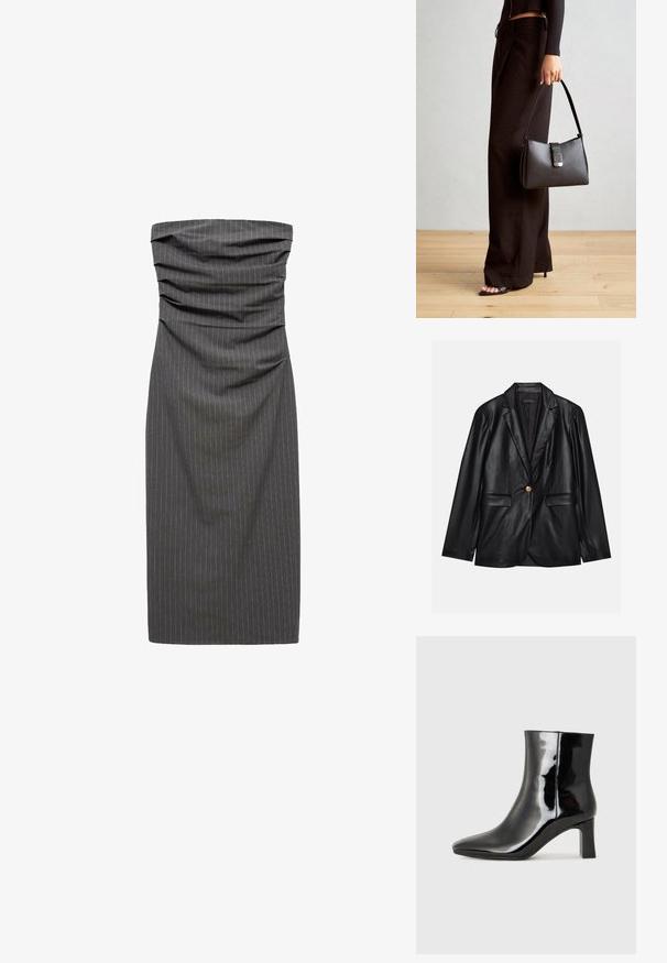Černý kožený blazer s klopami, jedním zlatým zapínáním, dvěma předními kapsami a hladkým povrchem. Vnitřní podšívka je tmavá.; Bezramínkové, přiléhavé šaty z tmavě šedé pruhované látky. Obsahují na živůtku nabrané detaily a mají rovný siluetu.; Černé lakované kotníkové boty s špičatou špičkou a středně vysokým blokovým podpatkem. Hladká textura a minimalistický design.; Černá kabelka se strukturovaným tvarem, hladkým povrchem a kovovým uzávěrem. Kombinována s širokými černými kalhotami a sandály s otevřenou špičkou na dřevěné podlaze.