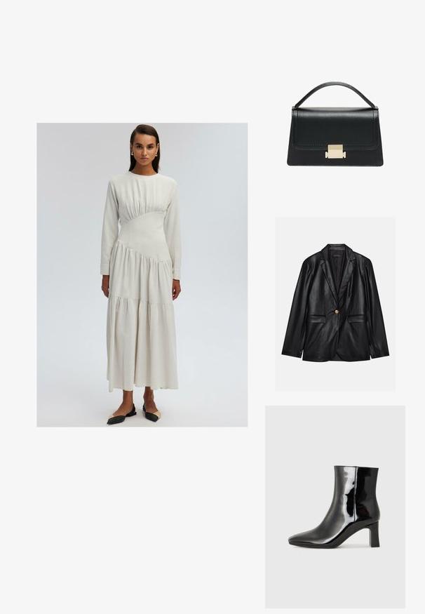 Čierny kožený blejzer s vykrojeným reverzom, jedným zlatým gombíkom, dvomi prednými vreckami a hladkým povrchom. Vnútorné podšívka je tmavá.; Dlhé rukávy, krémová farba, šaty s priliehajúcim telom, zhrňovaním a poschodovou sukňou. Mäkká látka s hladkou textúrou.; Čierne lakované členkové topánky s špicatou špičkou a stredne vysokým blokovým podpätkom. Hladká textúra a minimalistický dizajn.; Čierna kožená kabelka so štruktúrovaným prevedením, horným madlom a detailom zlatého kovového uzáveru na prednej strane. Hladká textura, minimálne šitie.