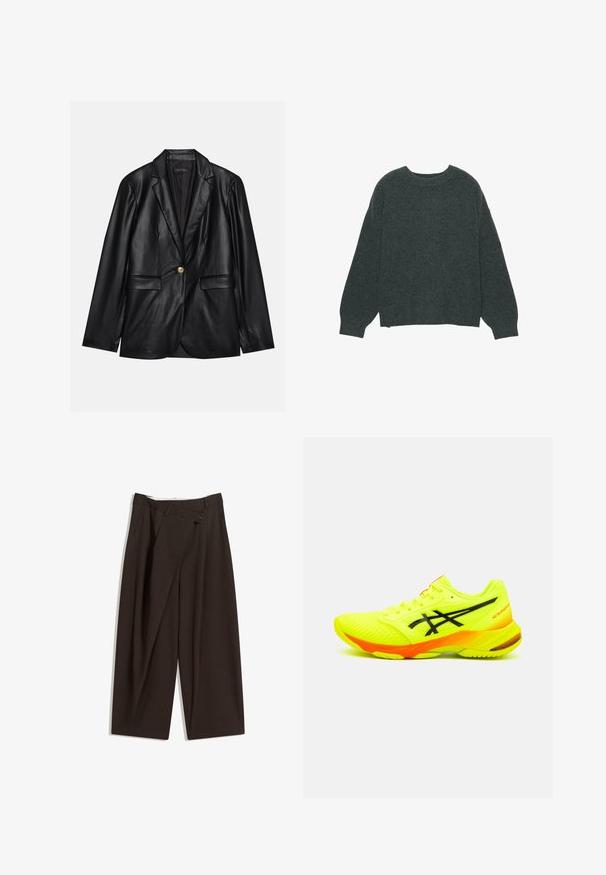 Blazer en cuir noir avec un revers cranté, fermeture à un bouton doré, deux poches avant et finition lisse. Doublure intérieure de couleur sombre.; Pull gris foncé à col rond avec manches longues. Confectionné en tissu doux et texturé. Présente une coupe décontractée et des détails côtelés au niveau du col et des poignets.; Pantalons larges marron foncé à taille haute, dotés d'une fermeture à un bouton et d'un devant plissé. Confectionnés en tissu léger.; Baskets de sport jaune vif avec des accents noirs, une tige en mesh, une surface texturée et un détail de talon orange. Conception légère pour la performance.