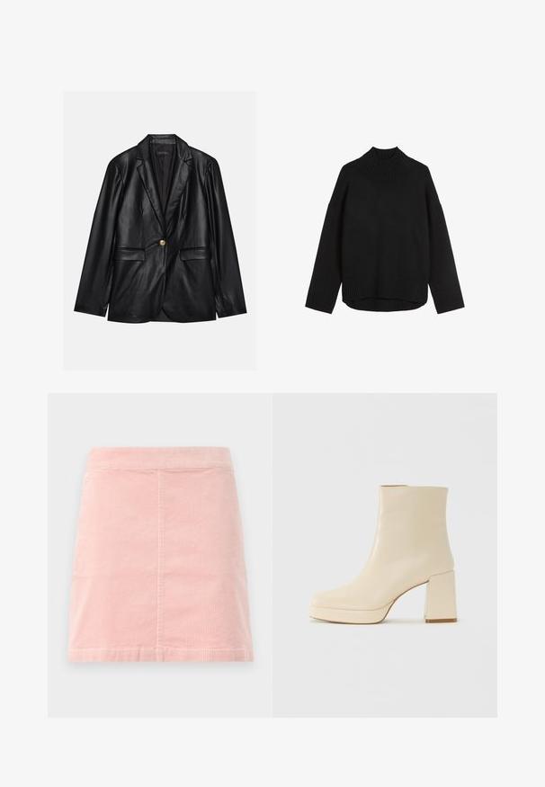 Svart skinnblazer med klaffkrage, en enkelt gullknapp-lukking, to frontlommer og glatt finish. Innertrekket er mørkt.; Svart strikkegenser med høy ribbestrikket krage, avslappet passform, senkede skuldre og ribbestrikket hel. Myk tekstur, minimalistisk design.; Rosa kordfløyels miniskjørt med en tettsittende liv og vertikal ribbet tekstur. Sømmene er rette, og det har et enkelt design uten pynt.; Beige lærankelstøvlett med blokkhæl og plattformsåle, glatt overflate og lett firkantet tå, vendt mot venstre på hvit bakgrunn.