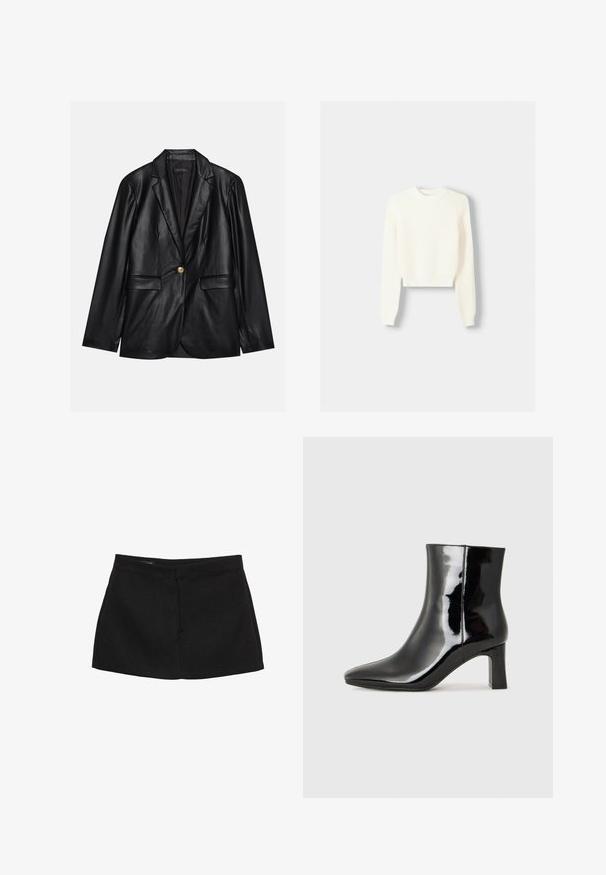 Schwarze Lederblazer mit Reverskragen, einem einzelnen goldenen Knopfverschluss, zwei Vorderaschen und glatter Oberfläche. Futter ist dunkel.; Bershka ROUND NECK - Strickpullover - beige; Schwarzer Minirock mit strukturiertem Taillenbereich, glatter Textur und geradem Schnitt. Hat keine sichtbaren Taschen oder Verzierungen.; Schwarzer Lackleder-Stiefelette mit spitzer Zehe und einem mittelhohen Blockabsatz. Glatte Textur und minimalistisches Design.