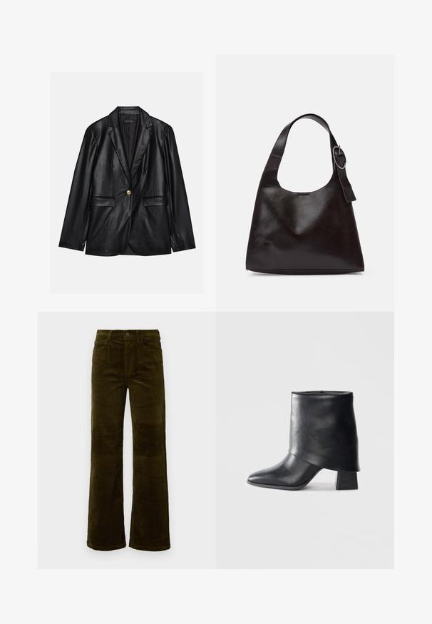 Blazer en cuir noir avec un revers cranté, fermeture à un bouton doré, deux poches avant et finition lisse. Doublure intérieure de couleur sombre.; Haut à manches longues de couleur crème avec un col montant, texture douce et coupe décontractée. Épaules sans couture et ourlet droit avec fentes sur les côtés.; Pantalons évasés en velours côtelé d'un vert olive profond. Comprend cinq poches, une fermeture à bouton et une texture côtelée verticale. Coupe standard avec un design classique.; Bottine en cuir noir à bout pointu, texture lisse et talon bloc structuré. Elle se distingue par un design de revers haut et plié.; Sac en cuir marron porté épaule avec une texture lisse, une forme arrondie, une large sangle et un accent métallique circulaire sur la poignée.