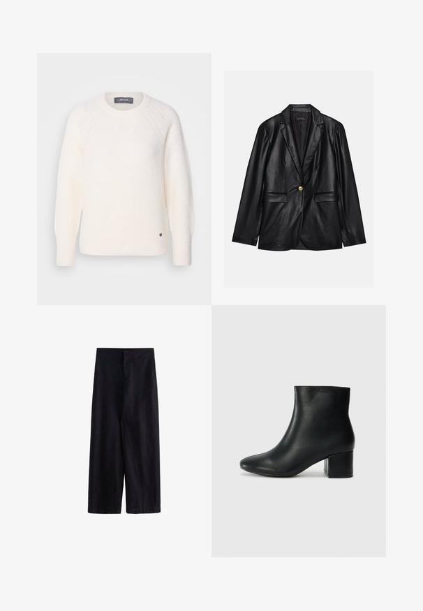 Schwarze Lederblazer mit Reverskragen, einem einzelnen goldenen Knopfverschluss, zwei Vorderaschen und glatter Oberfläche. Futter ist dunkel.; Mos Mosh TAMMY THORA - Strickpullover - ecru; Schwarze weite Hosen aus leichtem Stoff. Mit einem flachen Bund, einem Reißverschluss vorne und Taschen ausgestattet, geeignet für Freizeit- oder formelle Anlässe.; Schwarze Leder-Ankle-Boots mit spitzem Zehenbereich und klobigem Absatz. Glatte Textur mit minimalen Akzenten und einem eleganten, taillierten Design.
