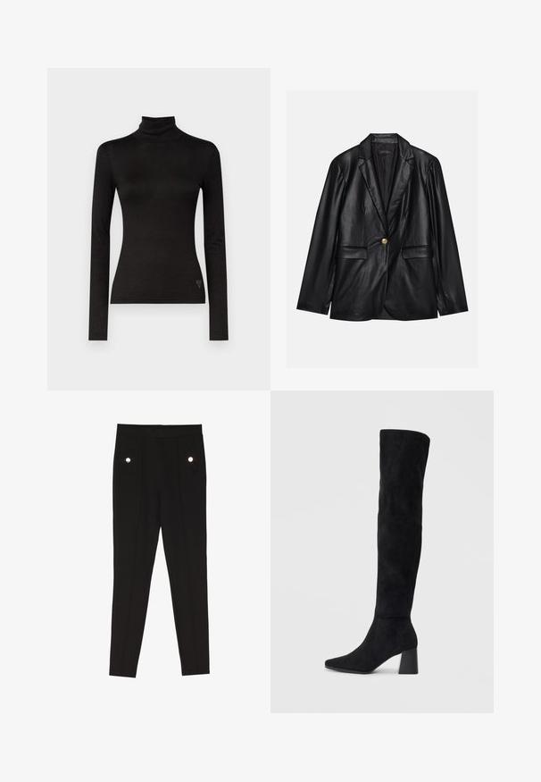 Svart skinnblazer med klaffkrage, en enkelt gullknapp-lukking, to frontlommer og glatt finish. Innertrekket er mørkt.; Svart rullekrage langermet topp laget av glatt, elastisk stoff. Har en tettsittende design og en liten aksentlogo ved nederkanten.; Sorte skreddersydde bukser med en glatt tekstur, som har to frontlommer med dekorative maskinvaredetaljer, og en slim-fit design.; Sorte semskede knelang støvel med blokk-heelsk, spiss tå og glatt, sømløst design på en ensfarget lys bakgrunn.