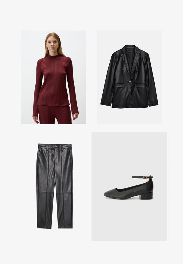Czarna skórzana marynarka z klapami, pojedynczym zapięciem na złoty guzik, dwoma kieszeniami z przodu i gładkim wykończeniem. Podszewka jest ciemna.; Bordowy, ribbed t-shirt z długim rękawem o wysokiej szyi i guzikami na ramieniu. Wykonany z gładkiego, elastycznego materiału z dopasowanym krojem.; Czarne skórzane spodnie o gładkiej fakturze, z prostym krojem, dwoma przednimi kieszeniami i widocznymi szwami.; Czarne skórzane szpilki z ostrym noskiem i niskim słupkowym obcasem. Wyposażone w pasek na kostkę z złotym zapięciem. Gładka tekstura.
