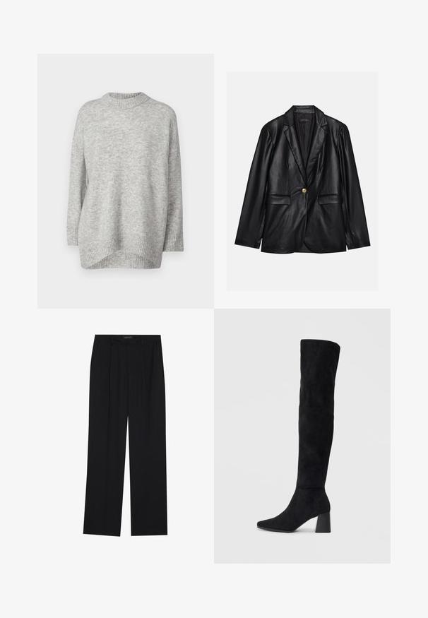 Μαύρη δερμάτινη σακάκι με καμπυλωτό πέτο, μονή χρυσή κουμπότρυπα, δύο μπροστινές τσέπες και λείο φινίρισμα. Η εσωτερική επένδυση είναι σκούρα.; ONLY Petite ONLSILJA LOOSE PULLOVER - Πουλόβερ - light grey; Μαύρο παντελόνι με ίσια γραμμή, που διαθέτει δύο μπροστινές τσέπες και μέση. Κατασκευασμένο από ένα λείο, ελαφρύ ύφασμα.; Μαύρη σουέντ μπότες μέχρι το γόνατο με χοντρό τακούνι, μυτερή μύτη και λείο, χωρίς ραφές σχέδιο, σε απλό ανοιχτό φόντο.