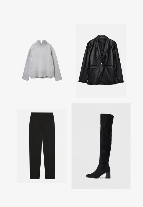 Melnas ādas žakete ar ieliektām atlokām, vienu zelta pogu aizdari, divām priekšējām kabatām un gludu apdari. Iekšējā odere ir tumša.; Gai pelēks puloveris ar augstu apkakli, ribotām aprocēm un apakšmalu. Mīksta tekstūra, brīvs griezums un smalka adījuma raksts visā virsmā.; Melnas bikses ar pielāgotu dizainu, ar sānu kabatām un taisnu kāju. Izgatavotas no gluda, viegla auduma ar elegantu apdari.; Melna zamšāda līdz ceļiem, ar blokveida papēdi, norādītu purngalu un gludu, bezšuvju dizainu uz vienkārša gaiša fona.