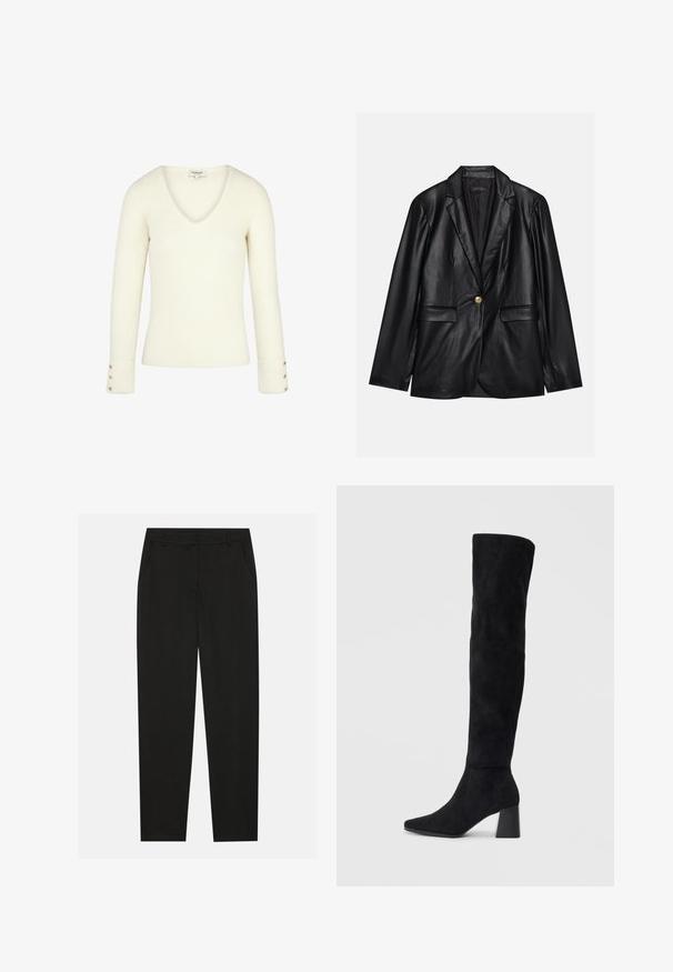 Mustapitsin takki, jossa on viiksikäänteet, yksittäinen kultaknoppi, kaksi etutaskua ja sileä pinta. Sisävuori on tumman värinen.; Valkoinen ribattu V-kaula-aukkoinen neulepusero pitkillä hihoilla ja kultaisilla napituskoristeilla hihojen päällä. Pehmeä rakenne ja istuva muotoilu.; Musta housut, joissa on räätälöity muotoilu, sivutaskut ja suora lahje. Valmistettu sileästä, kevyestä kankaasta, jossa on tyylikkäät pinnat.; Musta samettinen polvipitkä saapas, jossa on lohkarekorko, terävä nilkka ja sileä, saumatonta muotoilua tasaisella vaalealla taustalla.