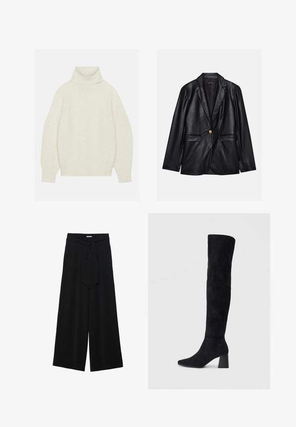 Must musta blazeri, millel on narmastega krae, üks kuldne nupulukk, kaks esist pockets ja sile viimistlus. Sisemine vooder on tume.; Kreemikoolne sviiter, valmistatud pehmest kudumisest. Omab mugavat lõiget, raglan varrukaid ning soonikkoes mansette ja allääri.; Mustad laiad püksid, millel on tekstureeritud kangas, elastne vöökoht ja eemaldatav pael vööst, et reguleerida sobivust.; Must must ümberpööratud musta nahast põlve kõrgune saapad blokknõelaga, terava varbaga ja sujuva, õmblusteta disainiga, asetatud heledale taustale.