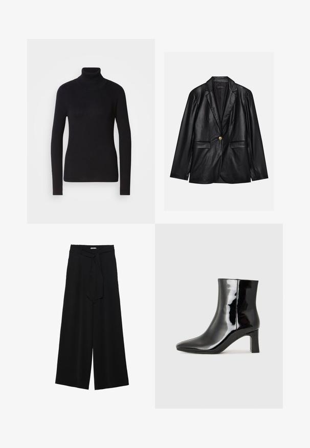 Črni usnjeni blejzer z izrezanim ovratnikom, enojnim zlatim gumbom, dvema sprednjima žepoma in gladko površino. Notranja podloga je temna.; Črna rebrasta puloverja s turtleneck ovratnikom in dolgimi rokavi. Narejen iz pletenega materiala s slim fit obliko. Gladka tekstura in visok ovratnik.; Črne široke hlače iz teksturirane tkanine, z elastičnim pasom in odstranljivim trakom na pasu za prilagodljivo prileganje.; Črne lakirane gležnjarje z ošiljenim nosom in srednje visokim blokastim peto. Gladka tekstura in minimalističen dizajn.