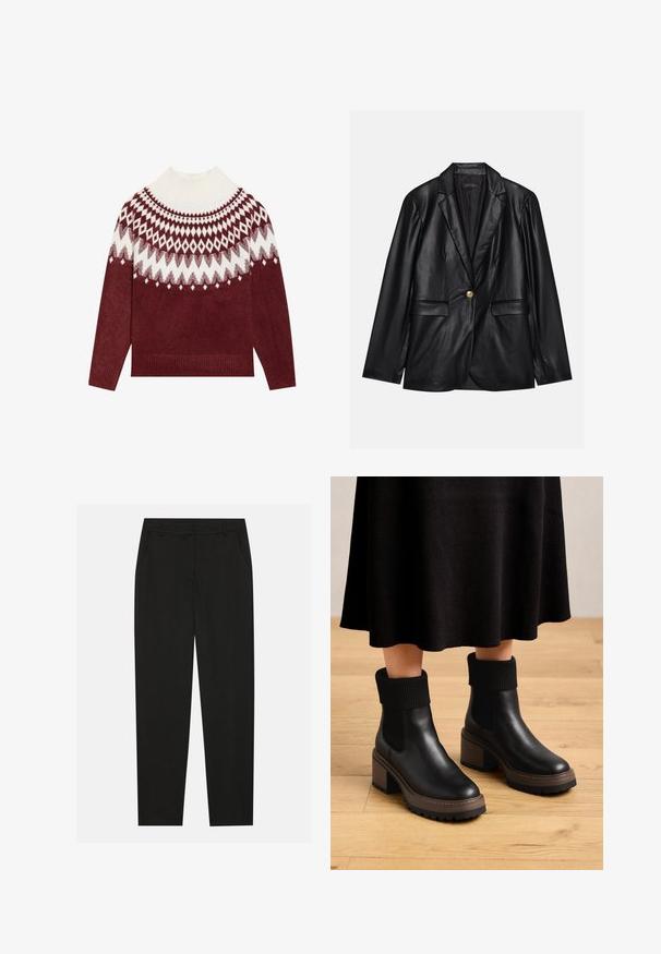 Μαύρη δερμάτινη σακάκι με καμπυλωτό πέτο, μονή χρυσή κουμπότρυπα, δύο μπροστινές τσέπες και λείο φινίρισμα. Η εσωτερική επένδυση είναι σκούρα.; Μπορντό πλεκτό πουλόβερ με λευκή διακοσμητική ραφή που περιλαμβάνει διαμάντια και αστέρια. Χοντρός πλεκτός ψηλός λαιμός και μανσέτες. Μαλακή υφή.; Μαύρο παντελόνι με κομψό σχέδιο, που διαθέτει πλαϊνές τσέπες και ίσιο πόδι. Κατασκευασμένο από λεία, ελαφριά ύφασμα με κομψό φινίρισμα.; Μαύρες δερμάτινες μπότες αστραγάλου με ριγέ υφασμάτινες μανσέτες, χοντρό καφέ τακούνι και υφή στο πέλμα. Λείος φινίρισμα με ελαστικές πλευρικές επενδύσεις.