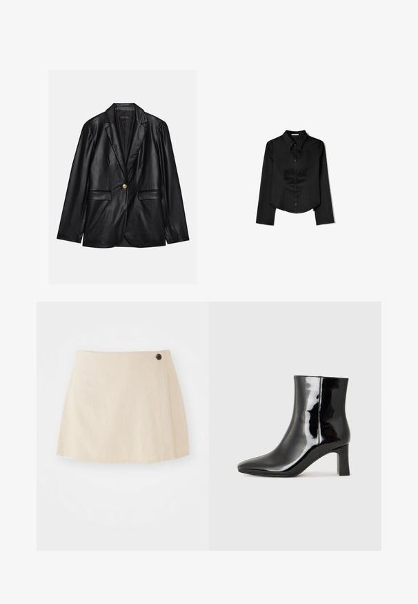 Fekete bőr blézer, kihajtott gallérral, egyetlen arany gombbal záródik, két elülső zsebbel rendelkezik, és sima felülettel bír. Belső bélése sötét színű.; Fekete, hosszú ujjas ing sima anyagból, hegyes gallérral, elülső gombos záródással és oldalhasítékkal ellátott cropped szegéllyel.; Világos bézs miniszoknya lágy anyagból, amelynek átkötős kialakítása van, befejezett szegéllyel és egyetlen sötét gomb díszítéssel az oldalon.; Fekete lakk bőrcipő bokáig érő, hegyes orral és közepes magasságú tömbsarokkal. Simább textúrával és minimalista dizájnnal rendelkezik.