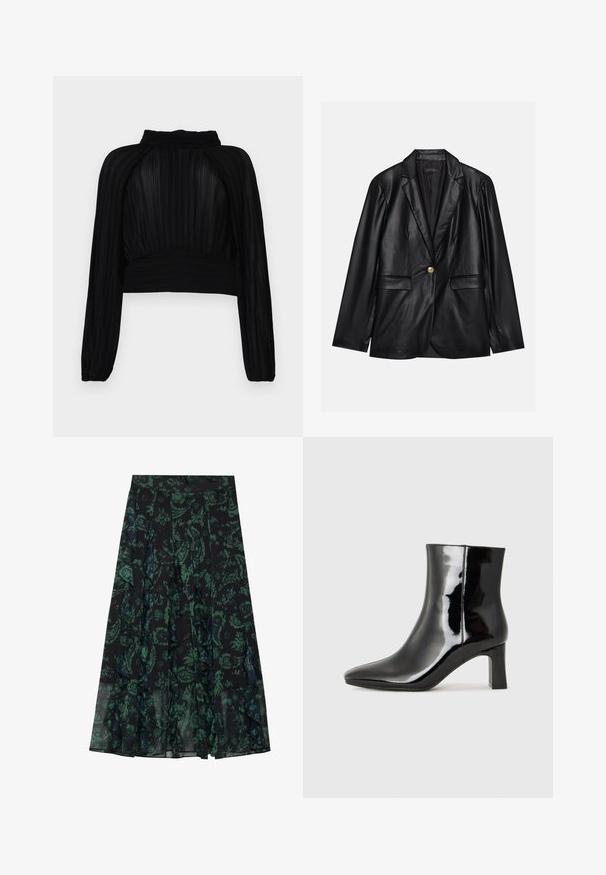 Juodas odinis švarkas su notch lapel, vienu auksiniu mygtuku užsegimu, dviem priekinėmis kišenėmis ir lygiu paviršiumi. Vidinėje pamušalo dalyje yra tamsi spalva.; Juodas trumpas viršelis su klostuotu tekstūru, ilgomis rankovėmis, aukštu kaklu ir susiraukšlėmis apačioje bei ant pečių.; Juodas sijonas su žaliu gėlių raštu, su volanų kraštais ir klostėmis. Pagamintas iš lengvos medžiagos, suteikiančios sklandžią siluetą.; Juodos lakuotos odinės aulinukės su smailiu pirštu ir vidutinio aukščio blokuotu kulnu. Lygus paviršius ir minimalistinis dizainas.