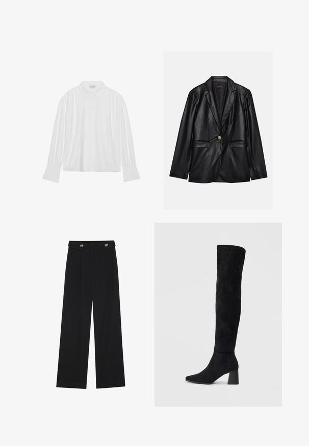 Zwarte leren blazer met een opstaande revers, sluiting met één gouden knoop, twee voorzakken en een gladde afwerking. Binnenvoering is donker.; Witte blouse met lange mouwen, een kraag en knoopsluiting aan de voorkant, en geplooide details bij de schouders en mouwen. Gladde stofstructuur.; Zwarte wijde broek met hoge taille, knoopdetails op de tailleband en plooien aan de voorkant.; Zwarte suède kniehoge laars met blokhak, spitse neus en een glad, naadloos ontwerp op een effen lichte achtergrond.