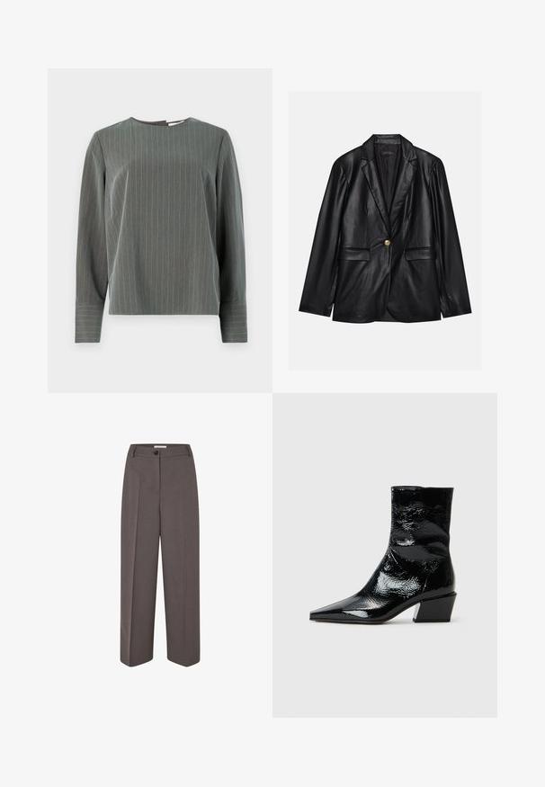 Svart läderblazer med kavajkrage, enkel guldkknapp, två framfickor och slät yta. Inre foder är mörkt.; Grå randig långärmad topp med rund halsringning och avslappnad passform. Vertikala ränder i ljusgrått kontrasterar mot den mörkare tygstrukturen.; Breda ben, hög midja brun byxa med framveck, bälteshällor, knappstängning och en slät tygtextur.; Svarta lackstövletter vid ankeln med spetsig tå, strukturerad yta och kraftig klack. Elegant design med en slät, glänsande yta.