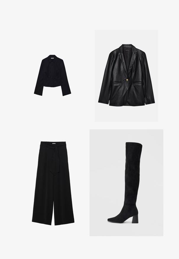 Zwarte leren blazer met een opstaande revers, sluiting met één gouden knoop, twee voorzakken en een gladde afwerking. Binnenvoering is donker.; Zwarte cropped shirt met lange mouwen, kraag en knoopsluiting aan de voorkant. Gemaakt van gladde stof, met een getailleerd ontwerp en minimale details.; Zwarte wijde broek van textuurstof, met een elastische tailleband en een afneembare sjaalstrik in de taille voor een verstelbare pasvorm.; Zwarte suède kniehoge laars met blokhak, spitse neus en een glad, naadloos ontwerp op een effen lichte achtergrond.