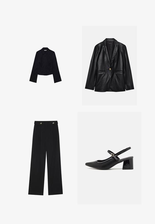 Schwarze Lederblazer mit Reverskragen, einem einzelnen goldenen Knopfverschluss, zwei Vorderaschen und glatter Oberfläche. Futter ist dunkel.; Schwarzes, kurzes Oberteil mit langen Ärmeln, Kragen und Knopfleiste. Hergestellt aus glattem Stoff, mit tailliertem Design und minimalen Details.; Schwarze weite Hosen mit hoher Taille, Knopfdetails am Bund und vorderen Falten.; Schwarze Lackleder-Slingback-Absätze mit spitzer Zehenform, einem runden Ausschnitt-Design und einem Blockabsatz. Mit einem goldfarbenen Schnallenakzent.