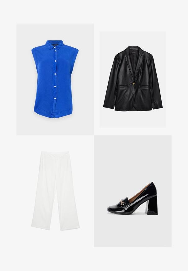 Črni usnjeni blejzer z izrezanim ovratnikom, enojnim zlatim gumbom, dvema sprednjima žepoma in gladko površino. Notranja podloga je temna.; Modra brezrokavna srajca z gumbi iz bombaža, ki ima ovratnik, sprednji izrez in ukrivljen spodnji del. Gladka tekstura, sproščen kroj.; Široke hlače iz belega blaga, ki se ponašajo z gladko teksturo, sprednjimi žepi in klasičnim pasom z zankami za pas.; Črne patent usnjene čeveljce s peto, ošiljenim nosom in blok peto. Imajo dekorativno zanko in zaponko na sprednjem delu.