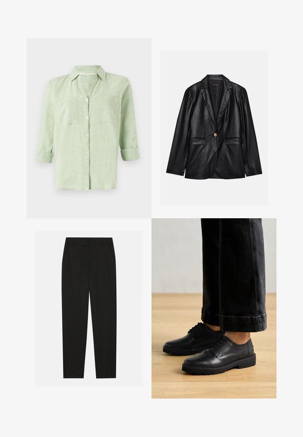 Schwarze Lederblazer mit Reverskragen, einem einzelnen goldenen Knopfverschluss, zwei Vorderaschen und glatter Oberfläche. Futter ist dunkel.; Helles grünes Hemd mit Knöpfen und einem strukturierten Karomuster, hochgerollten Ärmeln und zwei Brusttaschen. Hergestellt aus einem weichen, atmungsaktiven Stoff.; Schwarze Hosen mit taillierter Passform, ausgestattet mit seitlichen Taschen und geradem Bein. Hergestellt aus glattem, leichtem Stoff mit einem eleganten Finish.; Schwarze Leder-Schnürschuhe mit glatter Textur, abgerundetem Zeh und dicker Gummisohle, kombiniert mit Cropped-Jeans in Dunkelblau.