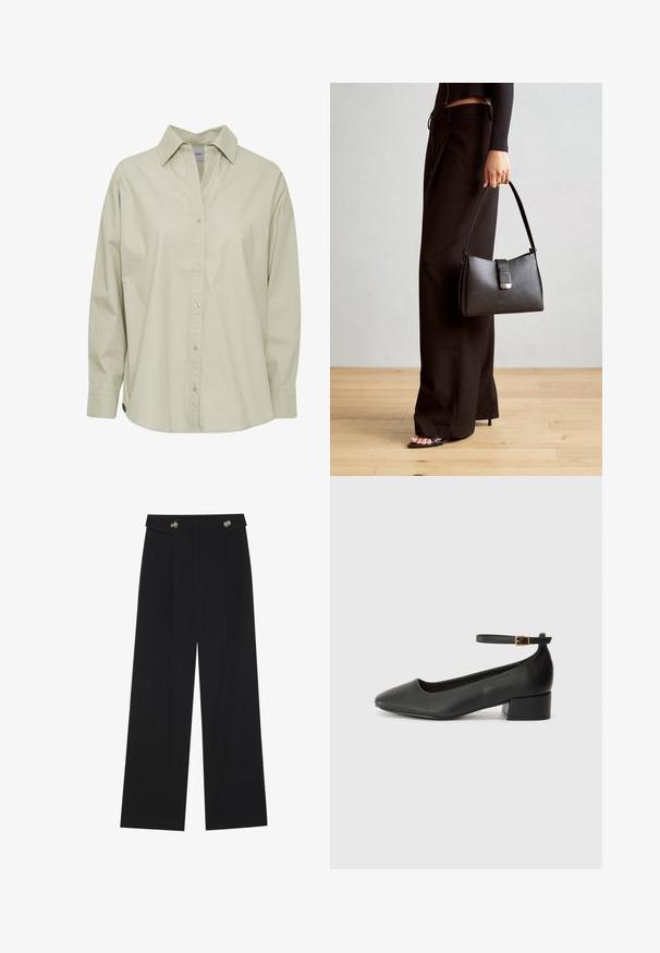 Juodas odinis švarkas su notch lapel, vienu auksiniu mygtuku užsegimu, dviem priekinėmis kišenėmis ir lygiu paviršiumi. Vidinėje pamušalo dalyje yra tamsi spalva.; Šviesiai žalia mygtukų užsegama košė, pagaminta iš minkštos, glotnios medžiagos. Turinti klasikinį apykaklę, ilgas rankoves ir šiek tiek lenktą apačią.; Juodi plačios kojos kelnės su aukštu liemeniu, sagų detalėmis ant liemens ir priekinėmis raukšlėmis.; Juodas odinis aukštakulnis batelis su smailiu pirštu ir žemu bloku. Su kulkšnies dirželiu su auksinės spalvos sagtimi. Lygus paviršius.; Juodas rankinė struktūrizuota forma, lygi tekstūra ir metalinis užsegimas. Suporuota su plačiomis juodomis kelnėmis ir atvirais bateliais ant medinių grindų.