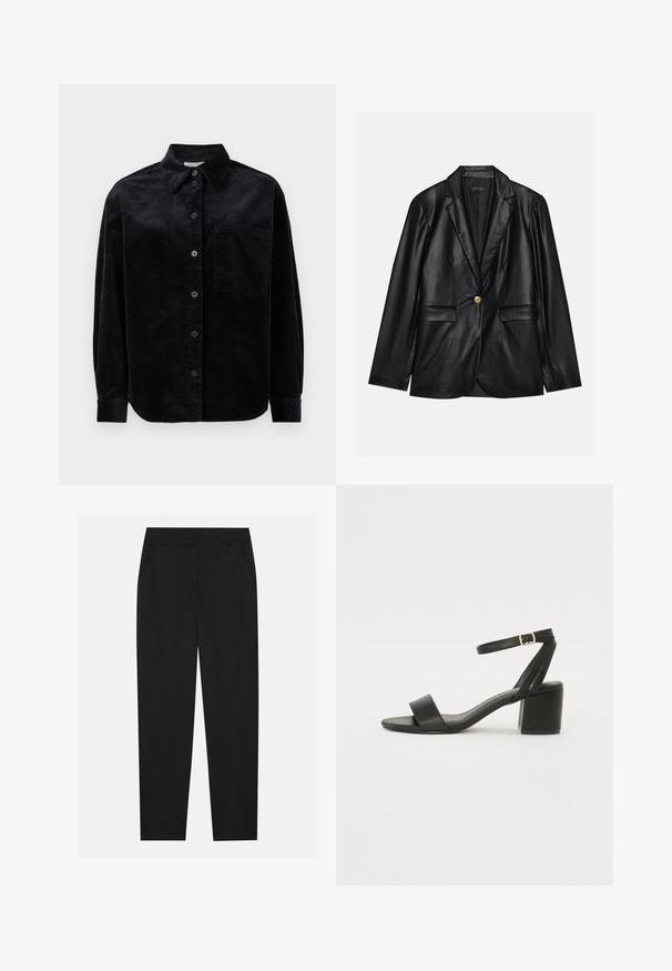 Černý kožený blazer s klopami, jedním zlatým zapínáním, dvěma předními kapsami a hladkým povrchem. Vnitřní podšívka je tmavá.; Černá kordurová košile s dlouhým rukávem, knoflíky po celé délce, jednou náprsní kapsou a špičatým límcem na bílém pozadí.; Černé kalhoty s vytvarovaným střihem, které mají boční kapsy a rovné nohavice. Vyrobené z hladkého, lehkého materiálu s elegantním povrchem.; Černé sandály na vysokém podpatku s hladkým koženým svrškem, otevřenou špičkou, širokými předními pásky a nastavitelným páskem kolem kotníku se zlatou přezkou.