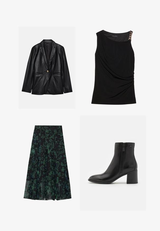 Svart skinnblazer med klaffkrage, en enkelt gullknapp-lukking, to frontlommer og glatt finish. Innertrekket er mørkt.; Svart ermeløs topp med samlet stoff, med en jevn halslinje og en dekorativ gullkjede-accent på venstre skulder.; Svart skjørt med grønt blomsterdesign, med volanger og folder. Laget av lett stoff, som gir en flytende silhuett.; Sorte ankelstøvler laget av glatt lær med glidelås på siden. Har spiss tå og en teksturert blokkhels for stabilitet.