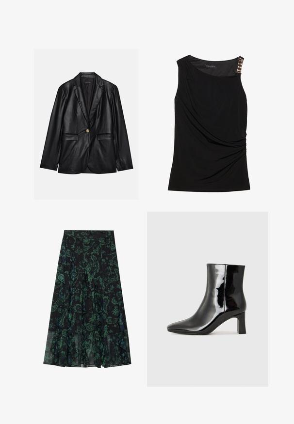 Czarna skórzana marynarka z klapami, pojedynczym zapięciem na złoty guzik, dwoma kieszeniami z przodu i gładkim wykończeniem. Podszewka jest ciemna.; Czarna bezrękawnik z marszczonym materiałem, z gładkim dekoltem i dekoracyjnym akcentem w postaci złotego łańcuszka na lewym ramieniu.; Czarna spódnica z zielonym kwiatowym wzorem, z falbaniastymi brzegami i plisami. Wykonana z lekkiego materiału, oferującego zwiewny kształt.; Czarne lakierowane botki za kostkę z wysmukłym noskiem i średniej wysokości obcasem w kształcie słupka. Gładka tekstura i minimalistyczny design.