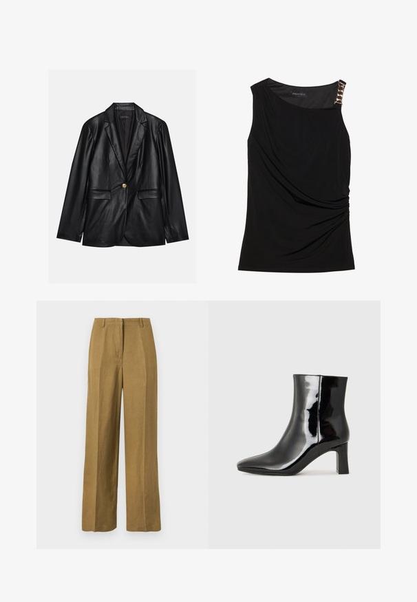 Black leather blazer with a notched lapel, single gold button closure, two front pockets, and smooth finish. Inner lining is dark.; Black sleeveless top with gathered fabric, featuring a smooth neckline and a decorative gold chain accent on the left shoulder.; Khaki wide-leg trousers made from a lightweight fabric, featuring a smooth texture, front pleats, and a classic waistband design.; Black patent leather ankle boot with a pointed toe and a mid-height block heel. Smooth texture and minimalist design.