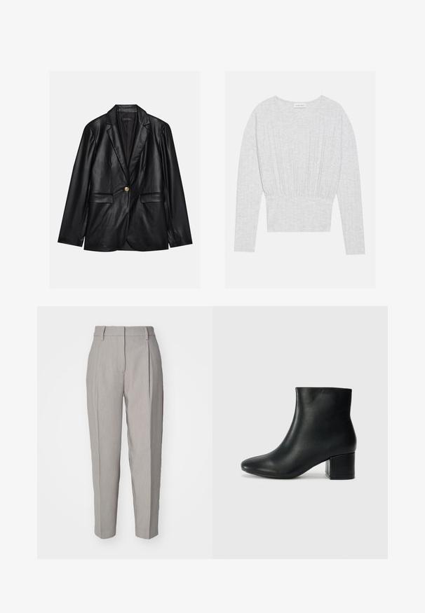 Zwarte leren blazer met een opstaande revers, sluiting met één gouden knoop, twee voorzakken en een gladde afwerking. Binnenvoering is donker.; Lichtgrijze top met lange mouwen van zacht stof, voorzien van een aansluitende taille met geraffineerde details en een ronde halslijn.; Lichtgrijze op maat gemaakte broeken met een gladde textuur, geplooide voorkant en een recht silhouet. Voorzien van riemlussen en een gepolijste afwerking.; Zwarte leren enkellaarzen met een spitse neus en een chunky hak. Gladde textuur met minimale accenten en een slank, strakk ontwerp.