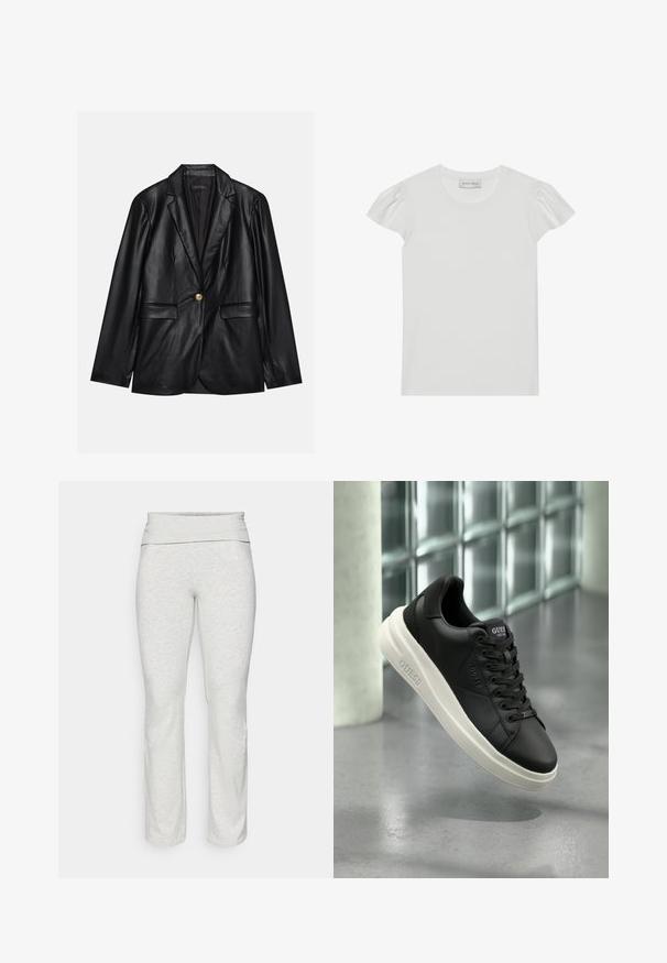 Fekete bőr blézer, kihajtott gallérral, egyetlen arany gombbal záródik, két elülső zsebbel rendelkezik, és sima felülettel bír. Belső bélése sötét színű.; Fehér, rövid ujjas póló, puha anyagból készült. Kisebb puffos ujjak és kerek nyakú kialakítás jellemzi. Címke: "ANNA FIELD" a nyaknál.; ONLY Play ONPFOLD LIFE JAZZ - Tréningruha alsók - light grey; Fekete, alacsony szárú Guess sneaker fehér talppal, fűzővel és oldalt, valamint a nyelvén márkajelzéssel, üvegtéglából készült háttér előtt bemutatva.