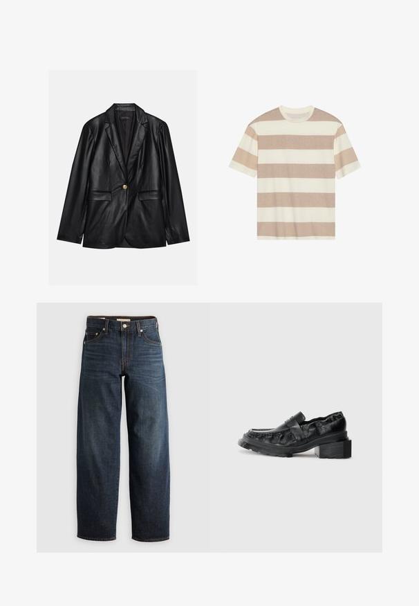Blazer em couro preto com lapela recortada, fecho de um único botão dourado, dois bolsos frontais e acabamento suave. O forro interior é escuro.; T-shirt listrado em bege claro e creme. Mangas curtas, decote redondo, corte descontraído, textura suave. Listras horizontais de larguras variadas.; Calças de ganga azul escuro, com um design de perna reta, estilo de cinco bolsos e detalhes de costura com fecho de botão.; Mocassins de couro preto com uma sola estruturada, apresentando um salto em bloco ligeiramente elevado e um superior texturizado, fixados por uma tira frontal.