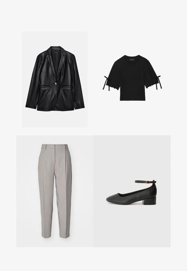 Svart skinnblazer med klaffkrage, en enkelt gullknapp-lukking, to frontlommer og glatt finish. Innertrekket er mørkt.; Kortsleeve svart bomullstop med volangkant og sløyfebånddetaljer på ermene. Har rund hals og en avslappet passform.; Lys grå skreddersydde bukser med en jevn tekstur, plisserte foran og rette ben. Har beltehemper og en polert finish.; Sorte skinnpumper med spiss tå og lav blokkhelt. Har ankelrem med gullfarget spenne. Glatt tekstur.