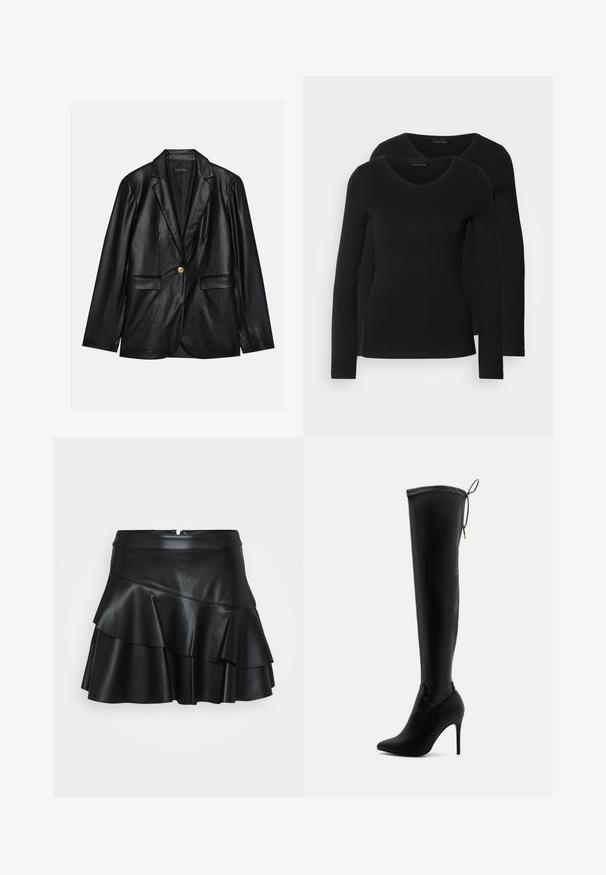 Schwarze Lederblazer mit Reverskragen, einem einzelnen goldenen Knopfverschluss, zwei Vorderaschen und glatter Oberfläche. Futter ist dunkel.; Zwei schwarze Langarmshirts mit V-Ausschnitt, aus weichem, dehnbarem Stoff, der eine glatte Textur und eine figurbetonte Passform zeigt.; Schwarzer Leder-Minirock mit einem taillierten Bund und drei Lagen Rüschen, ausgestattet mit einer glatten Textur und einem verdeckten Reißverschluss auf der Rückseite.; Schwarze Overknee-Stiefel aus glattem, synthetischem Material, mit spitzem Zehen, hohen Stiletto-Absätzen und verstellbaren Bindebändern am oberen Ende.