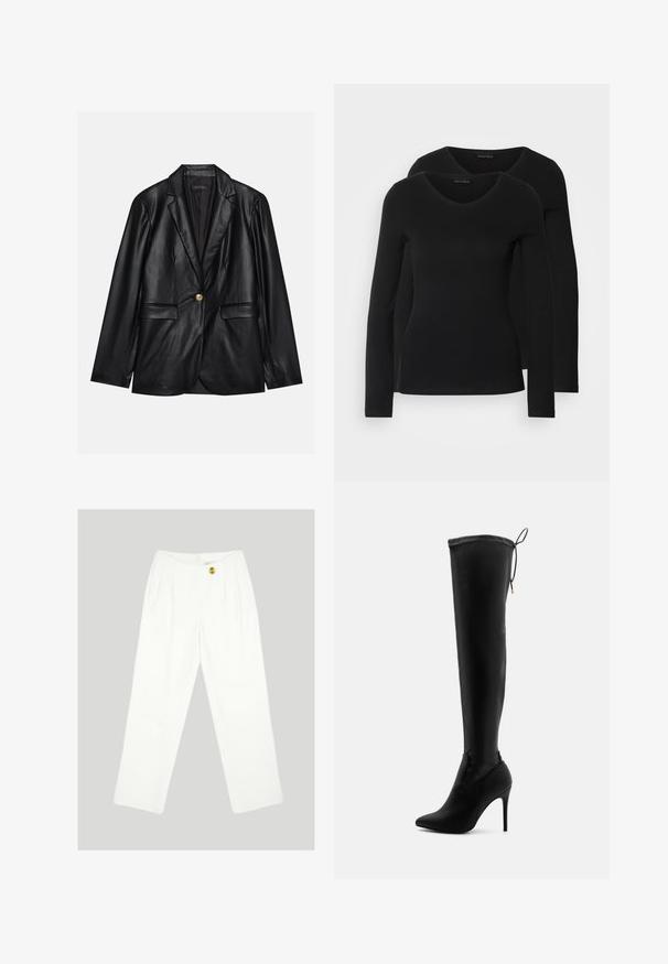 Juodas odinis švarkas su notch lapel, vienu auksiniu mygtuku užsegimu, dviem priekinėmis kišenėmis ir lygiu paviršiumi. Vidinėje pamušalo dalyje yra tamsi spalva.; Du į juodas ilgomis rankovėmis marškiniai su V formos iškirpte, pagaminti iš minkštos, tamprios medžiagos, rodantys lygią tekstūrą ir prigludusią formą.; Balti, plačių kojų kelnės, pagamintos iš sklandžios medžiagos. Žalioje kelnėje yra vienas geltonas mygtukas uždarymui ir raukšlėtas priekinis dizainas. Jokių matomų kišenių.; Juodos virš kelių botai, pagaminti iš lygaus dirbtinio medžiagos, su smailiu mušamuoju, aukštu stiletto kulnu ir reguliuojamomis raištį dekoracijomis viršuje.