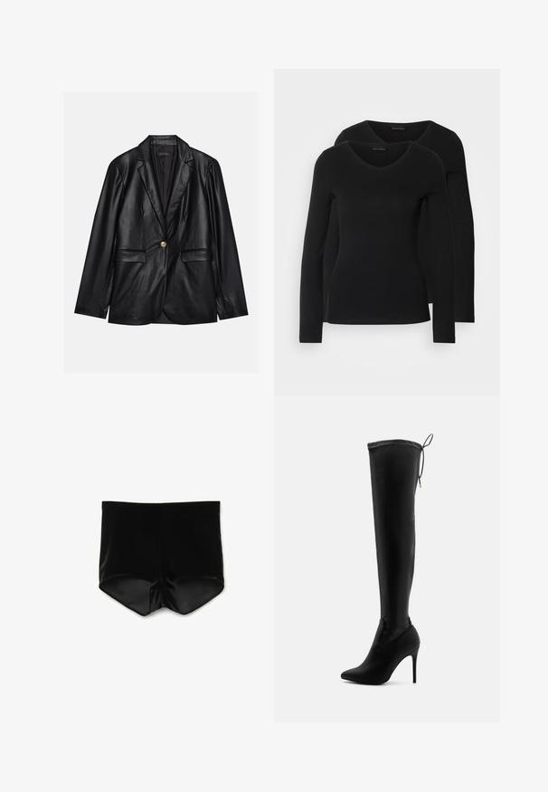 Schwarze Lederblazer mit Reverskragen, einem einzelnen goldenen Knopfverschluss, zwei Vorderaschen und glatter Oberfläche. Futter ist dunkel.; Zwei schwarze Langarmshirts mit V-Ausschnitt, aus weichem, dehnbarem Stoff, der eine glatte Textur und eine figurbetonte Passform zeigt.; Schwarze Samtshorts mit glatter Textur, die ein figurschmeichelndes Design und eine niedrige Taille aufweisen. Die Kanten sind sauber verarbeitet und ohne Verzierungen.; Schwarze Overknee-Stiefel aus glattem, synthetischem Material, mit spitzem Zehen, hohen Stiletto-Absätzen und verstellbaren Bindebändern am oberen Ende.