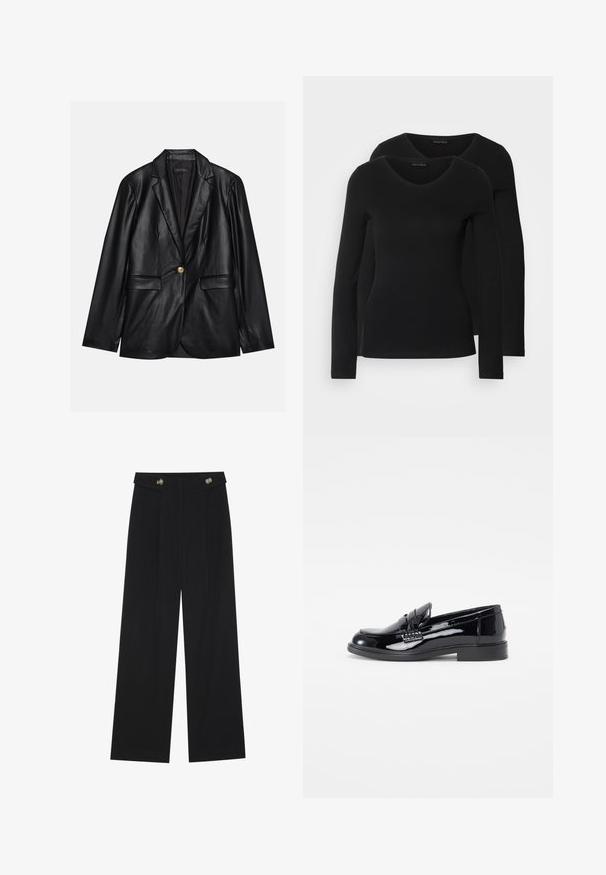 Sacou din piele neagră cu rever ascuțit, închidere cu un singur nasture auriu, două buzunare frontale și finisaj neted. Captuseala interioară este de culoare închisă.; Două cămăși negre cu mâneci lungi și decolteu în V, fabricate dintr-un material moale și elastic, cu o textură netedă și o formă ajustată.; Pantaloni negri cu picioare largi, talie înaltă, detalii cu butoane pe talie și pliseuri în față.; Loafer negru din piele lacuită, cu vârf rotunjit, detalii cu cusătură ridicată și talpă din cauciuc plat. Textură netedă cu finisaj lucios.